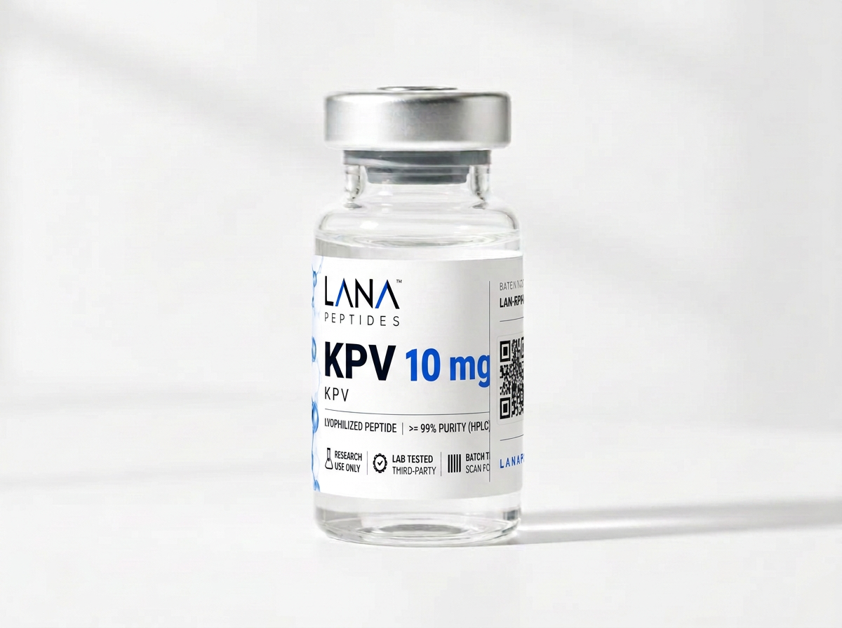 KPV research reference material in a clear glass vial with a Lana Peptides label