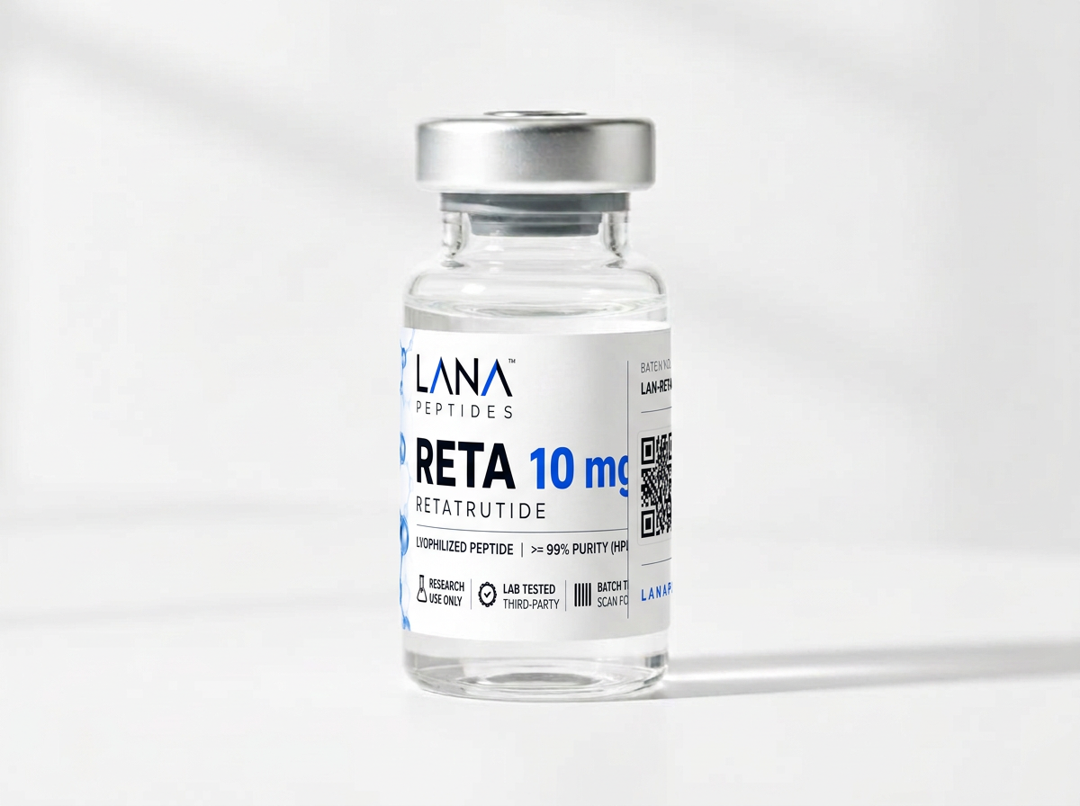 Retatrutide research reference material in a clear glass vial with a Lana Peptides label