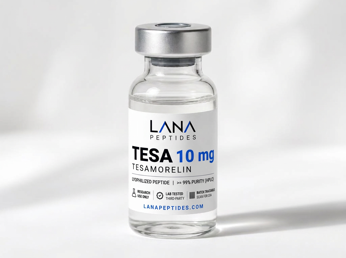 Tesamorelin research reference material in a clear glass vial with a Lana Peptides label
